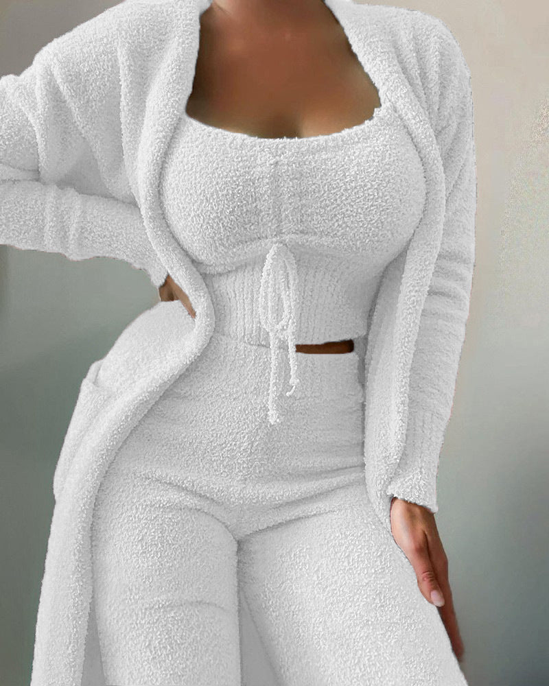 Casual Plush Lace-up Cardigan 3pcs Pantsuits