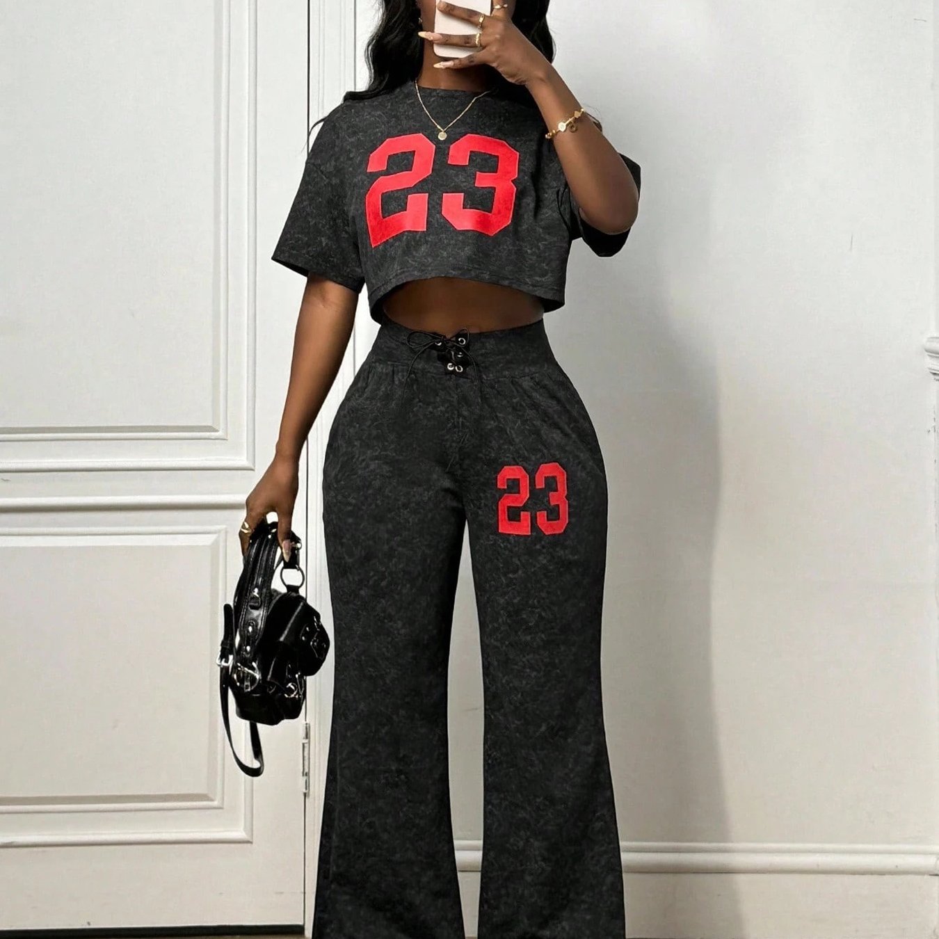 Short Sleeve Crop Top Drawstring Wide-Leg Pants Set