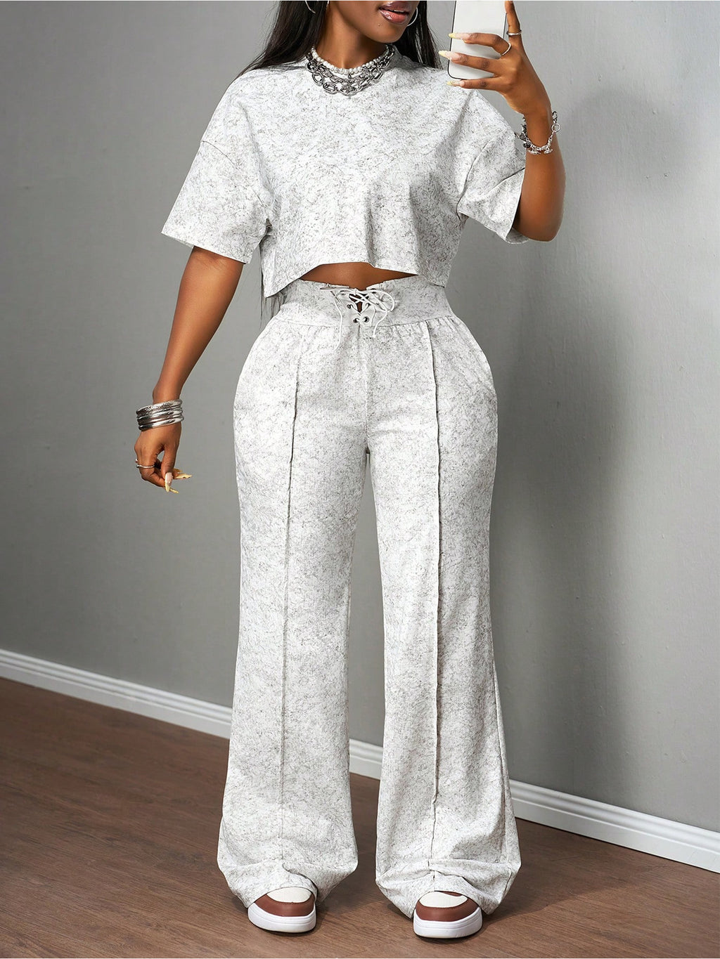 Short Sleeve Crop Top Drawstring Wide-Leg Pants Set