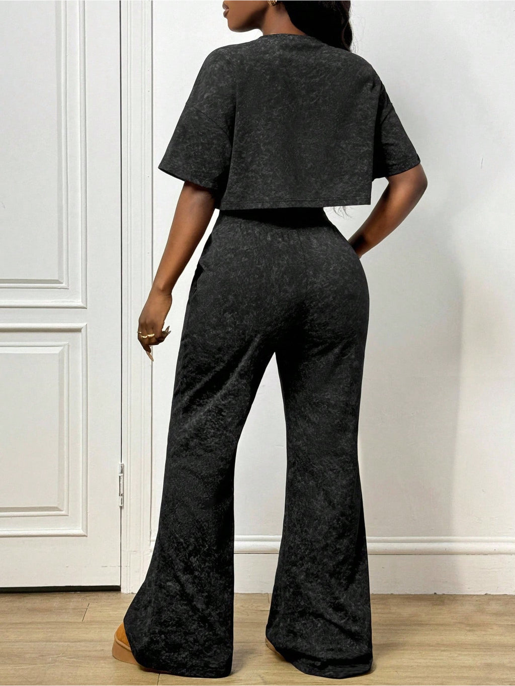 Short Sleeve Crop Top Drawstring Wide-Leg Pants Set