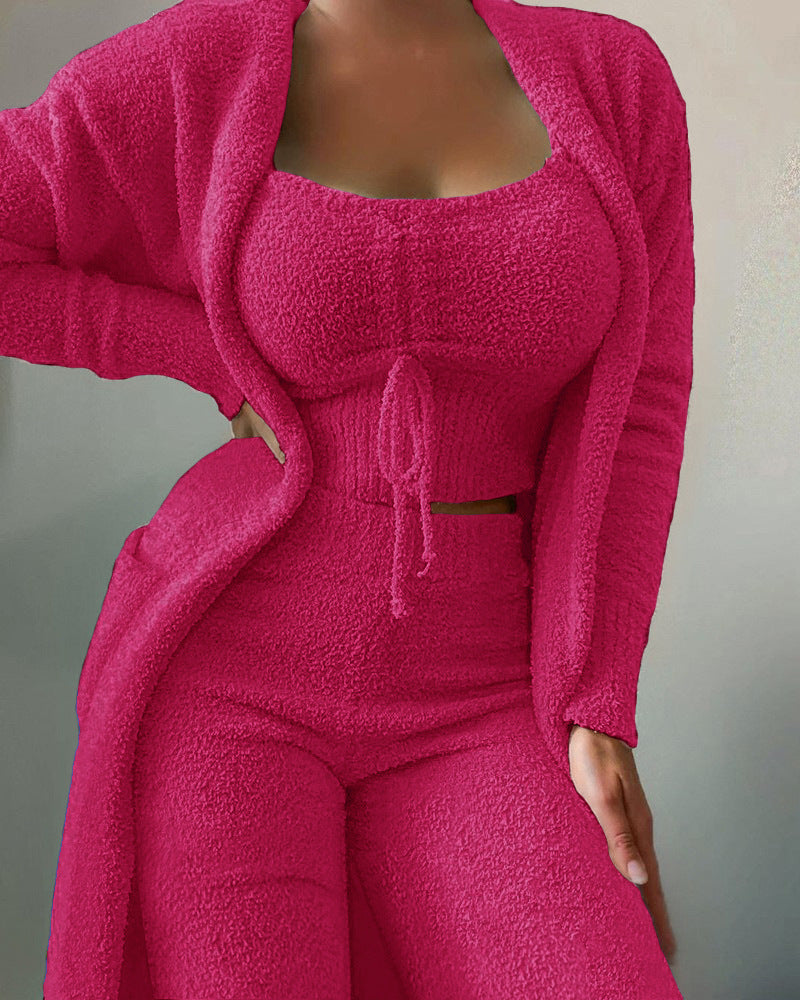 Casual Plush Lace-up Cardigan 3pcs Pantsuits
