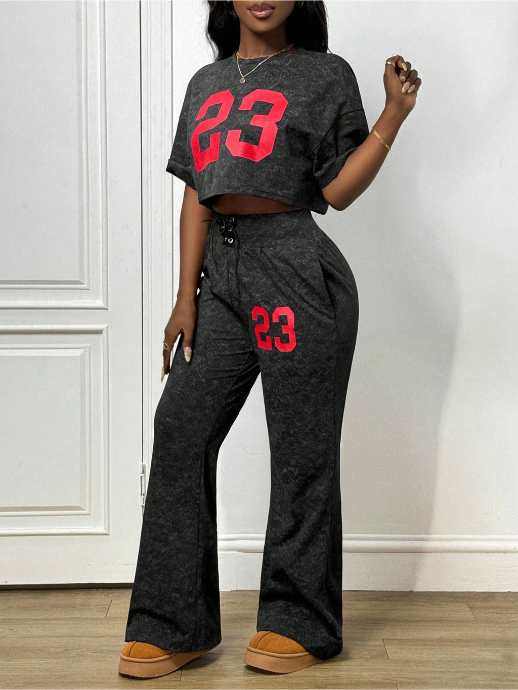 Short Sleeve Crop Top Drawstring Wide-Leg Pants Set
