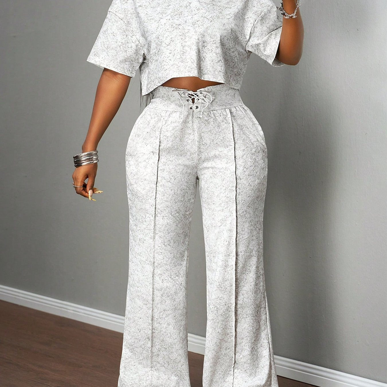 Short Sleeve Crop Top Drawstring Wide-Leg Pants Set