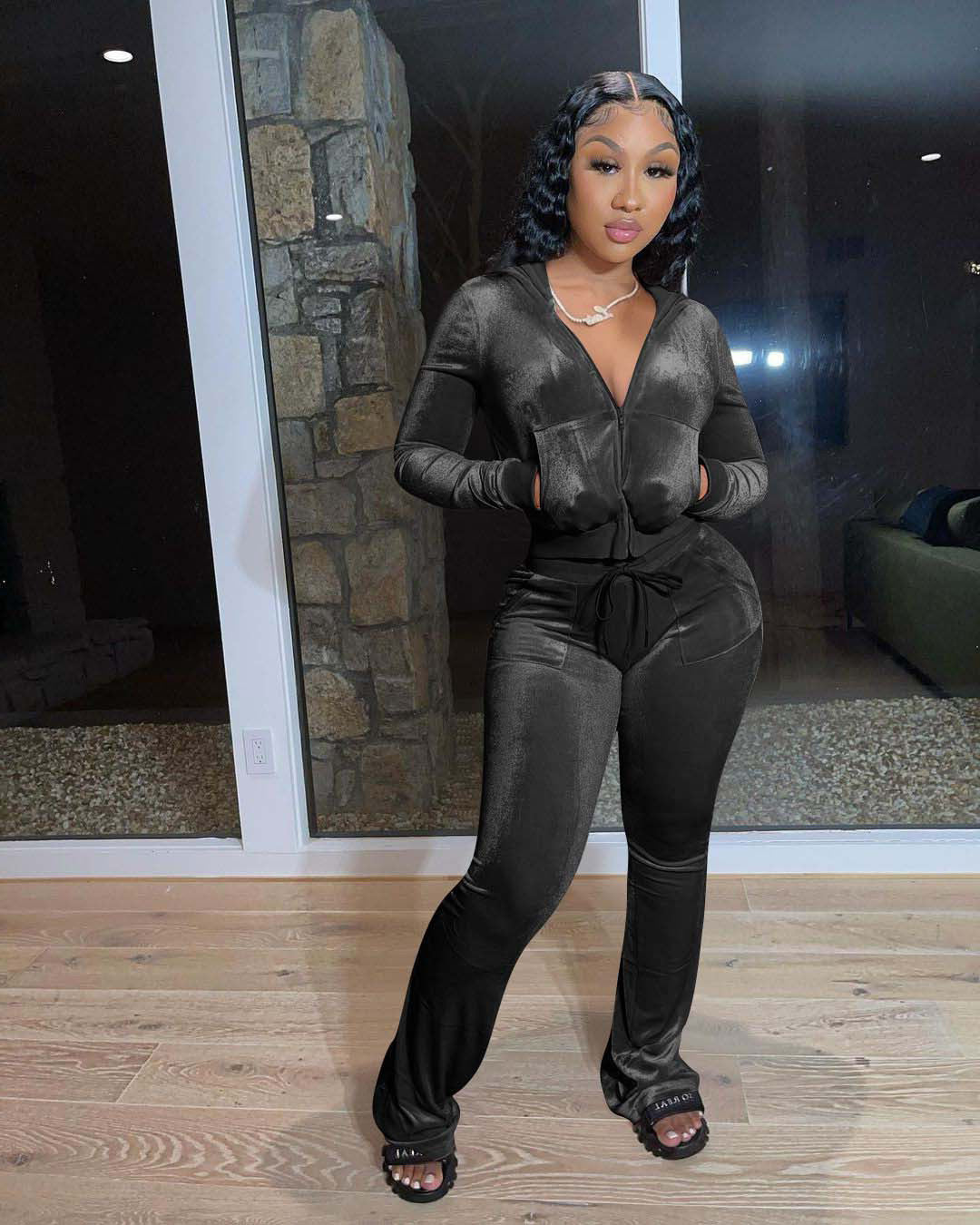 Velvet Hooded Sweatshirt And Wide Leg Pants