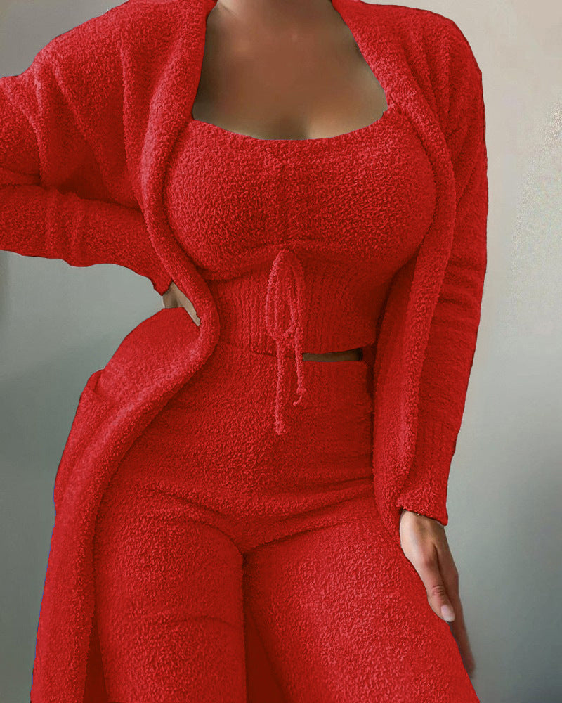 Casual Plush Lace-up Cardigan 3pcs Pantsuits