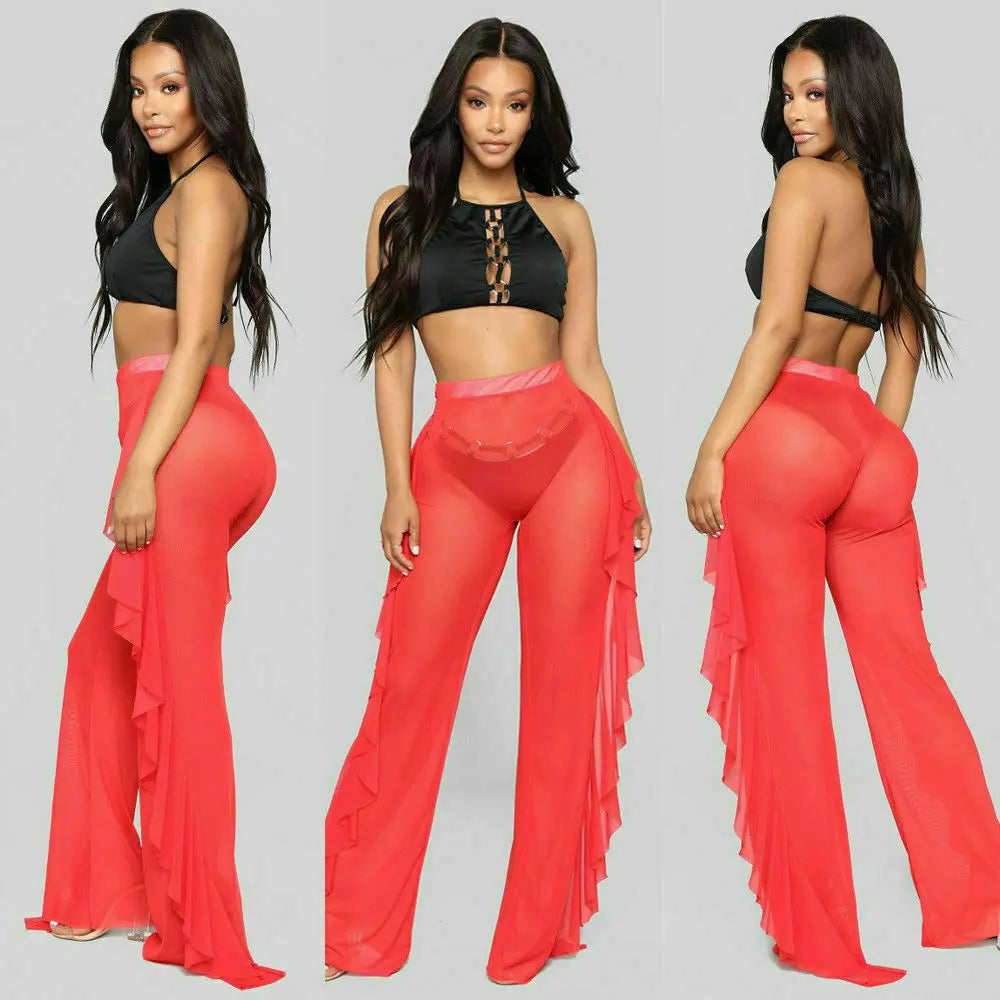 Mesh Ruffle Sheer Wide Leg  Bikini Cover Up