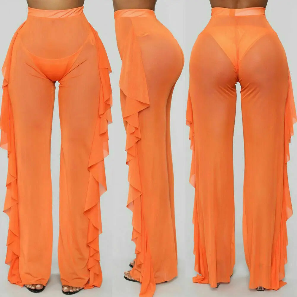 Mesh Ruffle Sheer Wide Leg  Bikini Cover Up