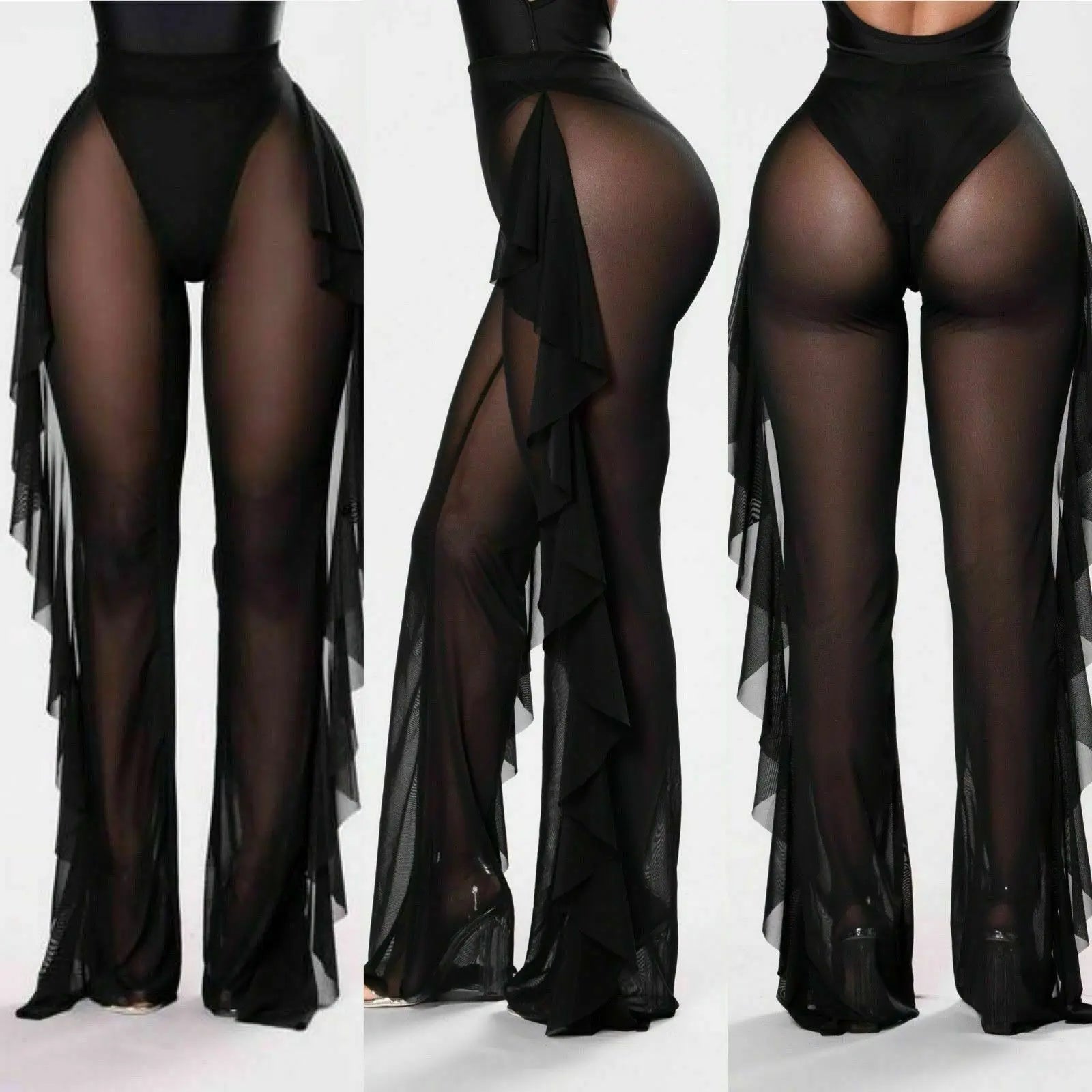 Mesh Ruffle Sheer Wide Leg  Bikini Cover Up