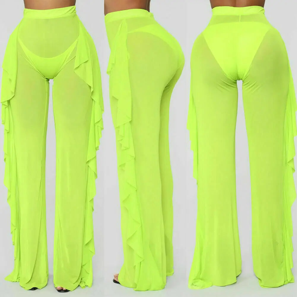Mesh Ruffle Sheer Wide Leg  Bikini Cover Up