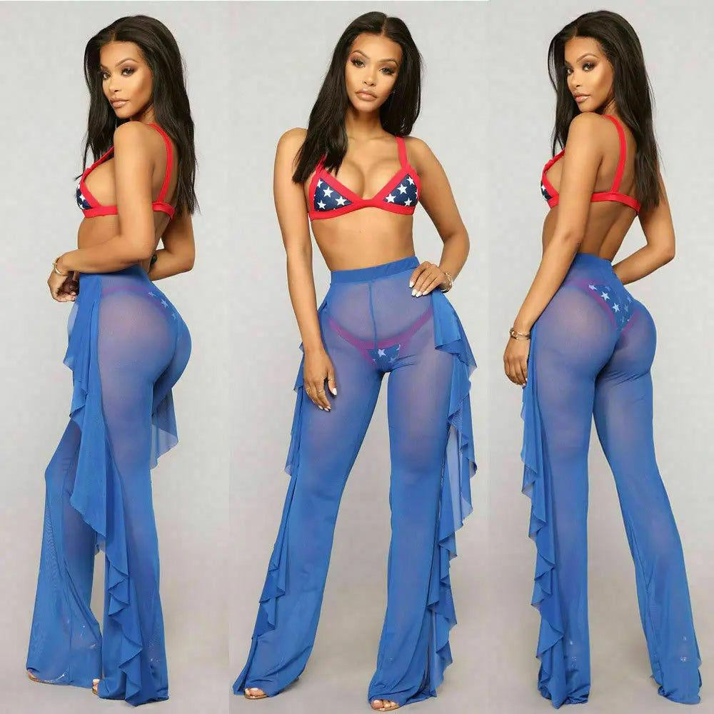 Mesh Ruffle Sheer Wide Leg  Bikini Cover Up
