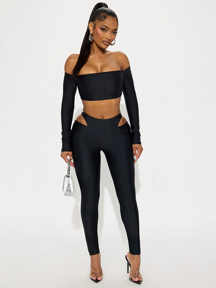 Slash Neck Crop Tops+High-Waist Leggings