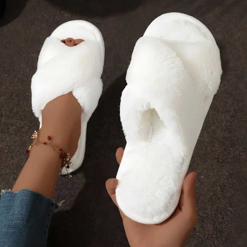Open Toe Flat Fur Slides