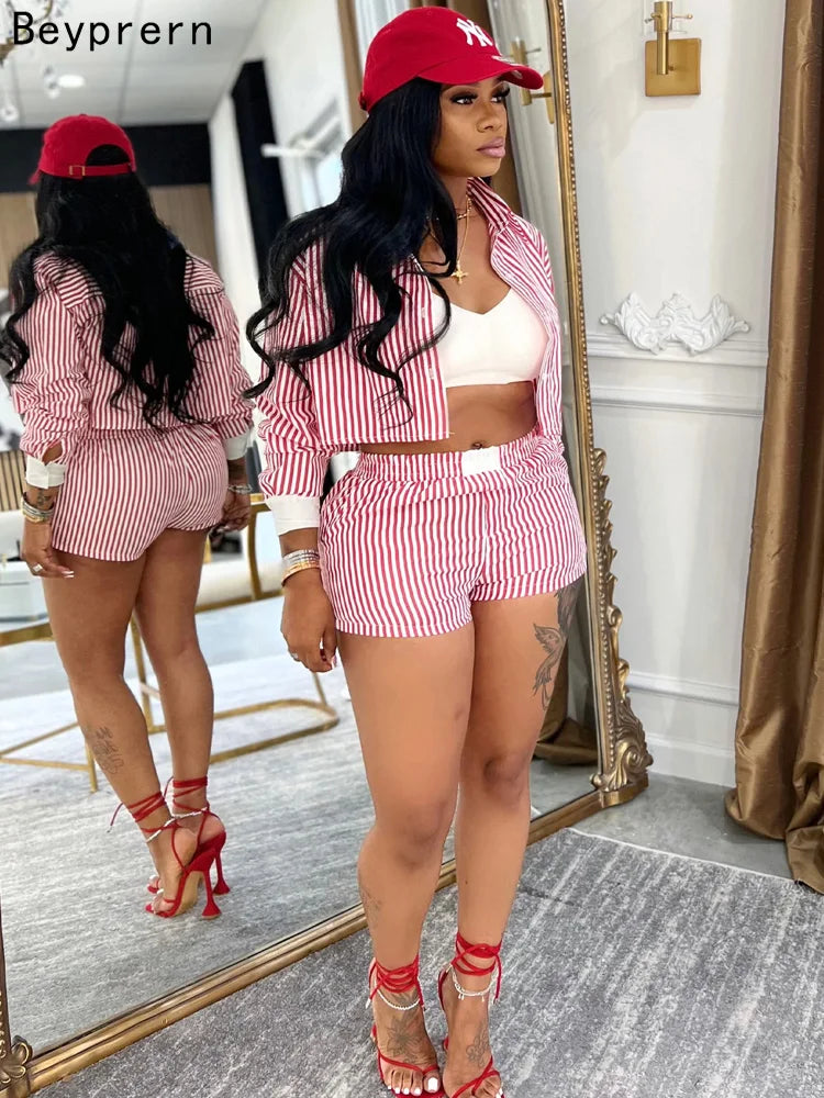 Striped Blouse Shirt And Matching Shorts Set