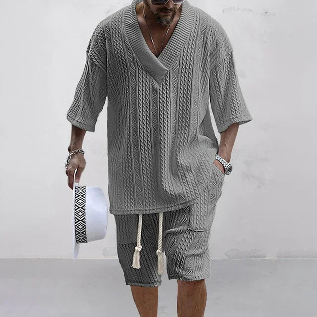 Men's V-neck Short Sleeve T-shirt and Shorts Set