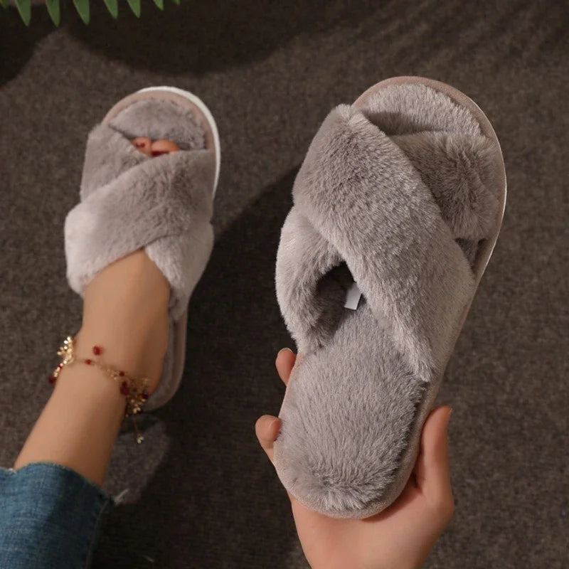 Open Toe Flat Fur Slides