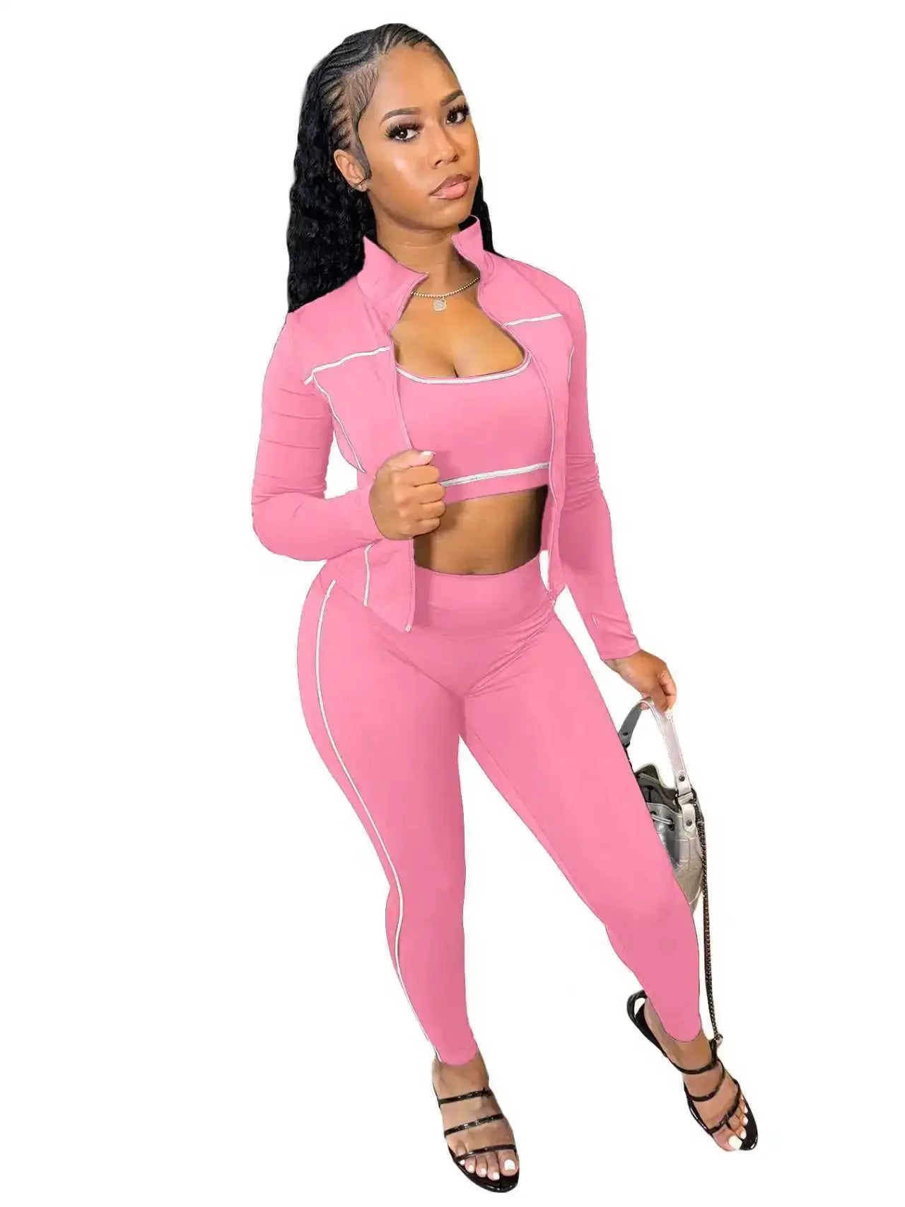 3 Piece Tracksuit Elastic Vest+Zip Jacket+Leggings