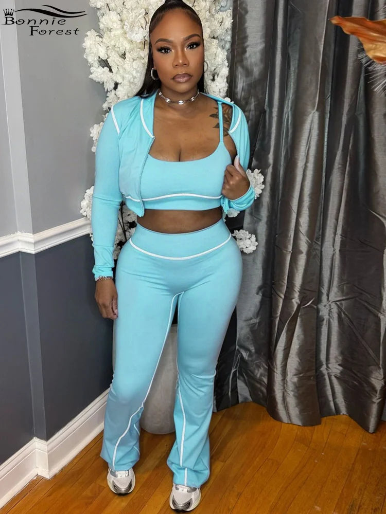 Crop Top And Flare Pants With Jacket Set