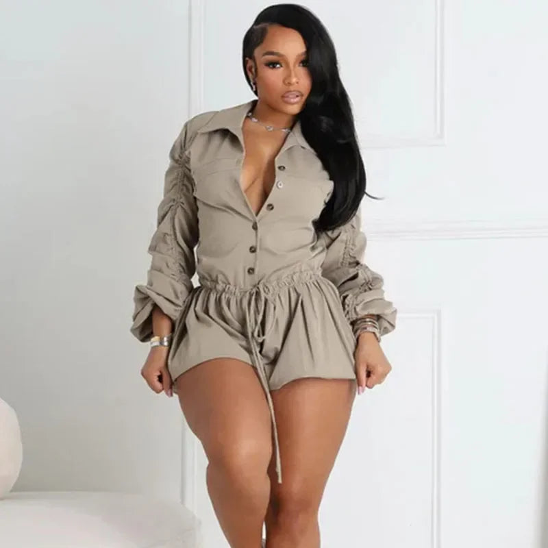 Turn-down Collar Drawstring jumpsuit
