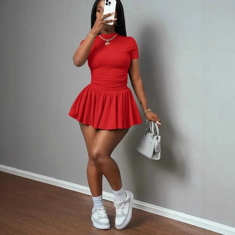 Ribbing Pleated Skirt Set