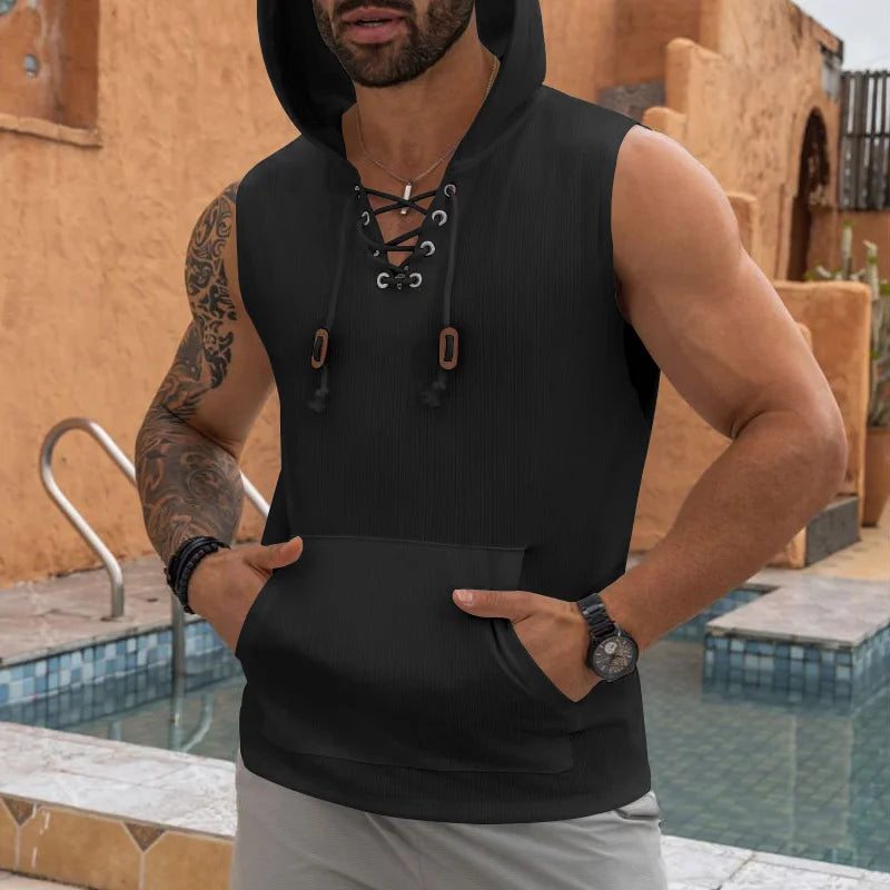 Hooded Sleeveless Lace-up Vest ﻿