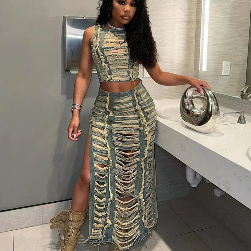 Ripped Denim Two Piece Set