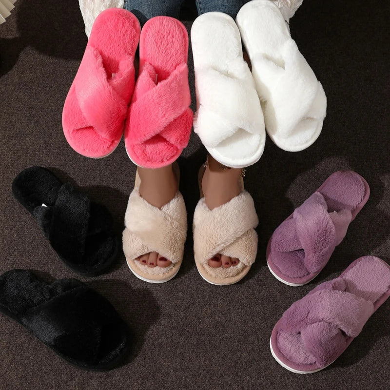 Open Toe Flat Fur Slides