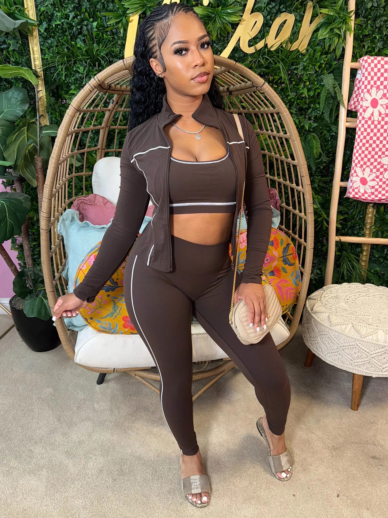 3 Piece Tracksuit Elastic Vest+Zip Jacket+Leggings