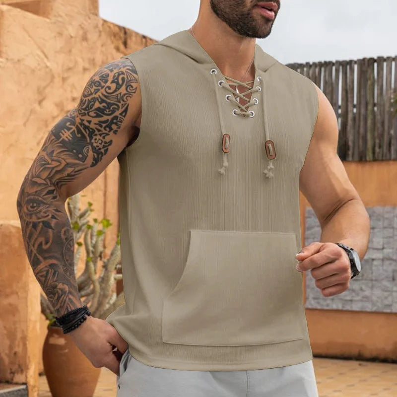 Hooded Sleeveless Lace-up Vest ﻿