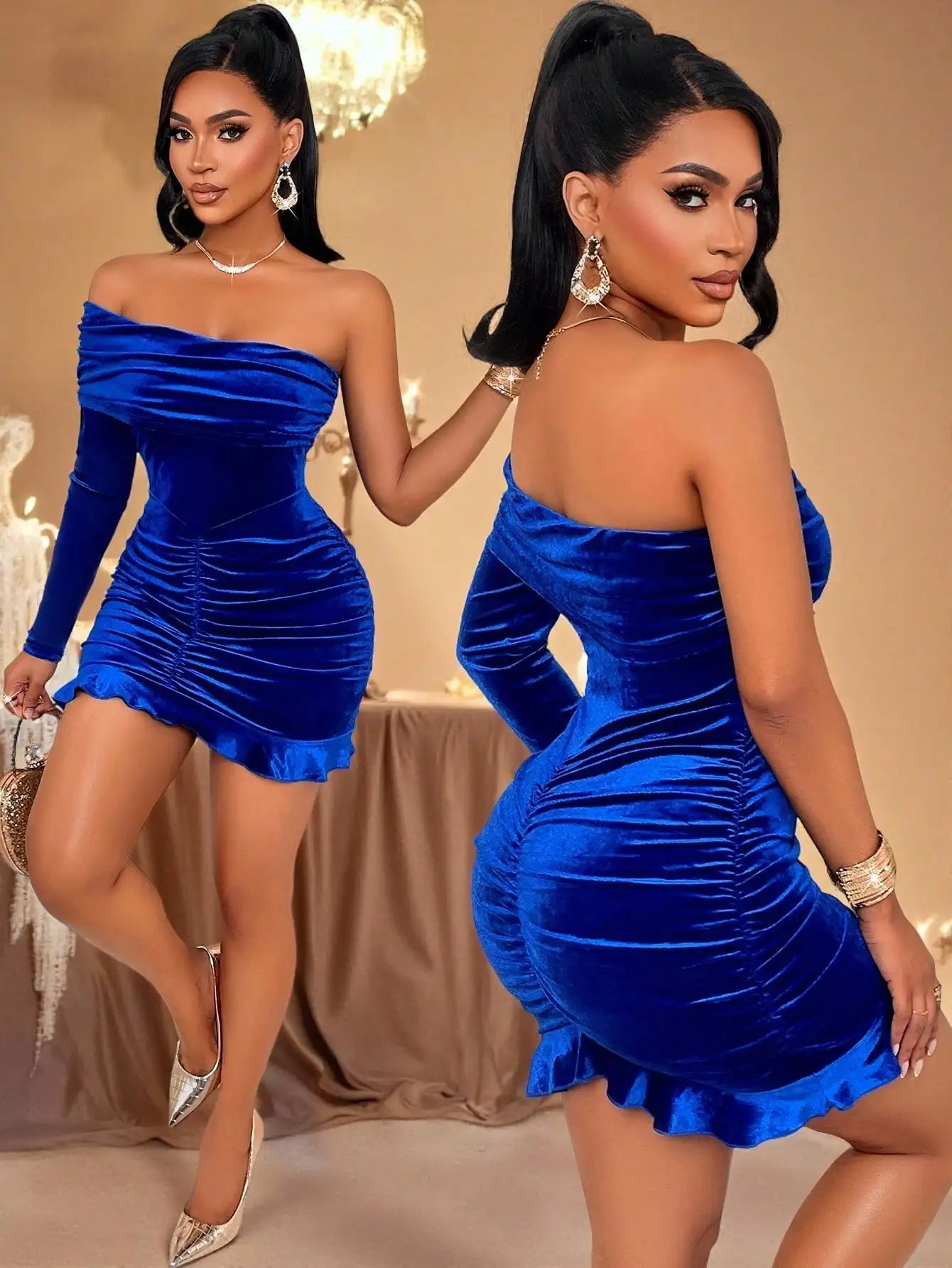 Off-Shoulder Long Sleeve Ruched Mini Dress with Ruffle Hem