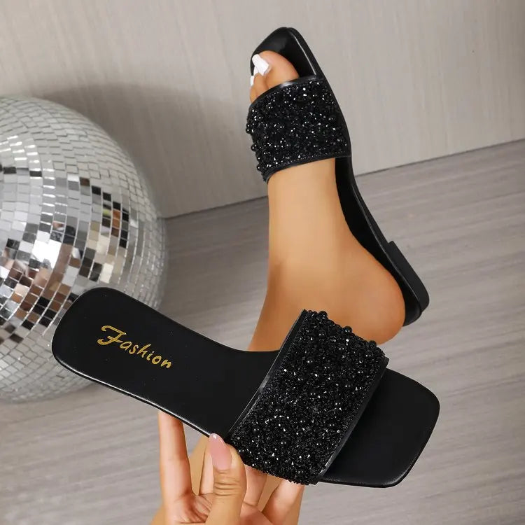 Women's Black Flat Slides