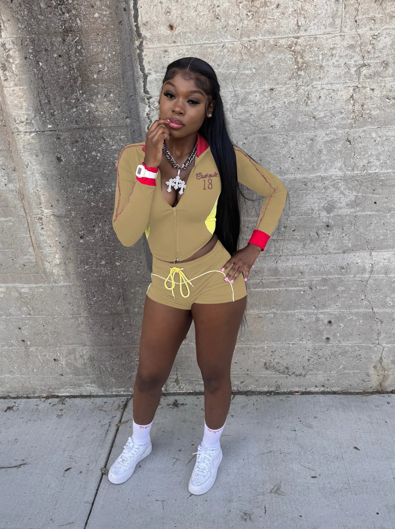 Long Sleeve Zipper Crop Jacket and Drawstring Shorts