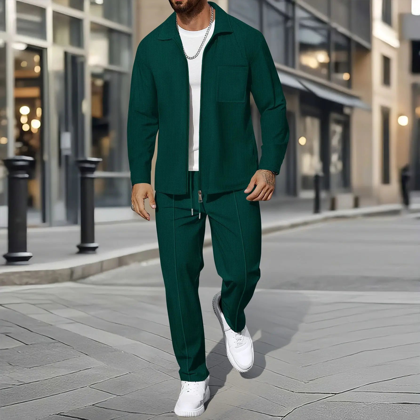 Zippered Shirt Coat And Trousers Outfit
