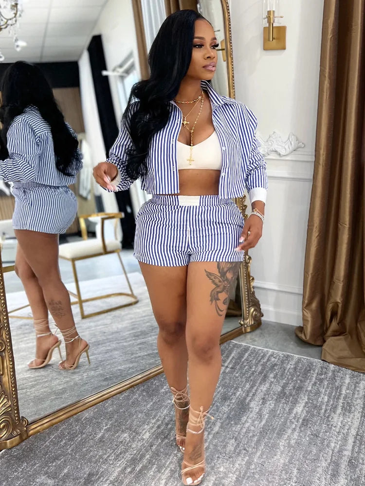 Striped Blouse Shirt And Matching Shorts Set