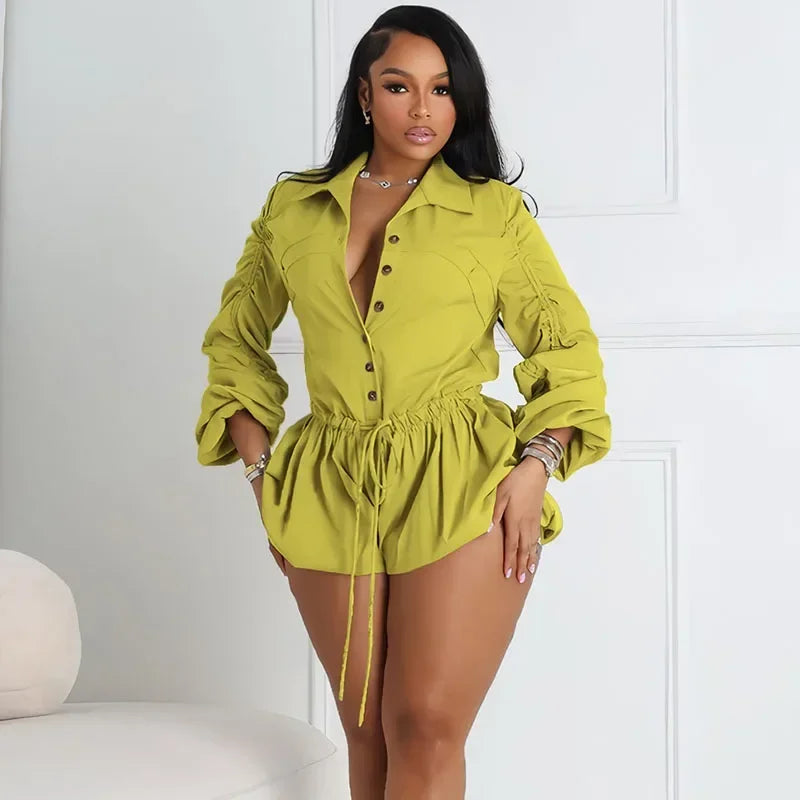 Turn-down Collar Drawstring jumpsuit