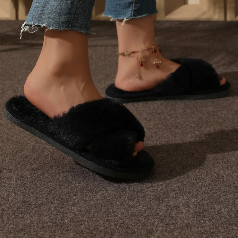 Open Toe Flat Fur Slides