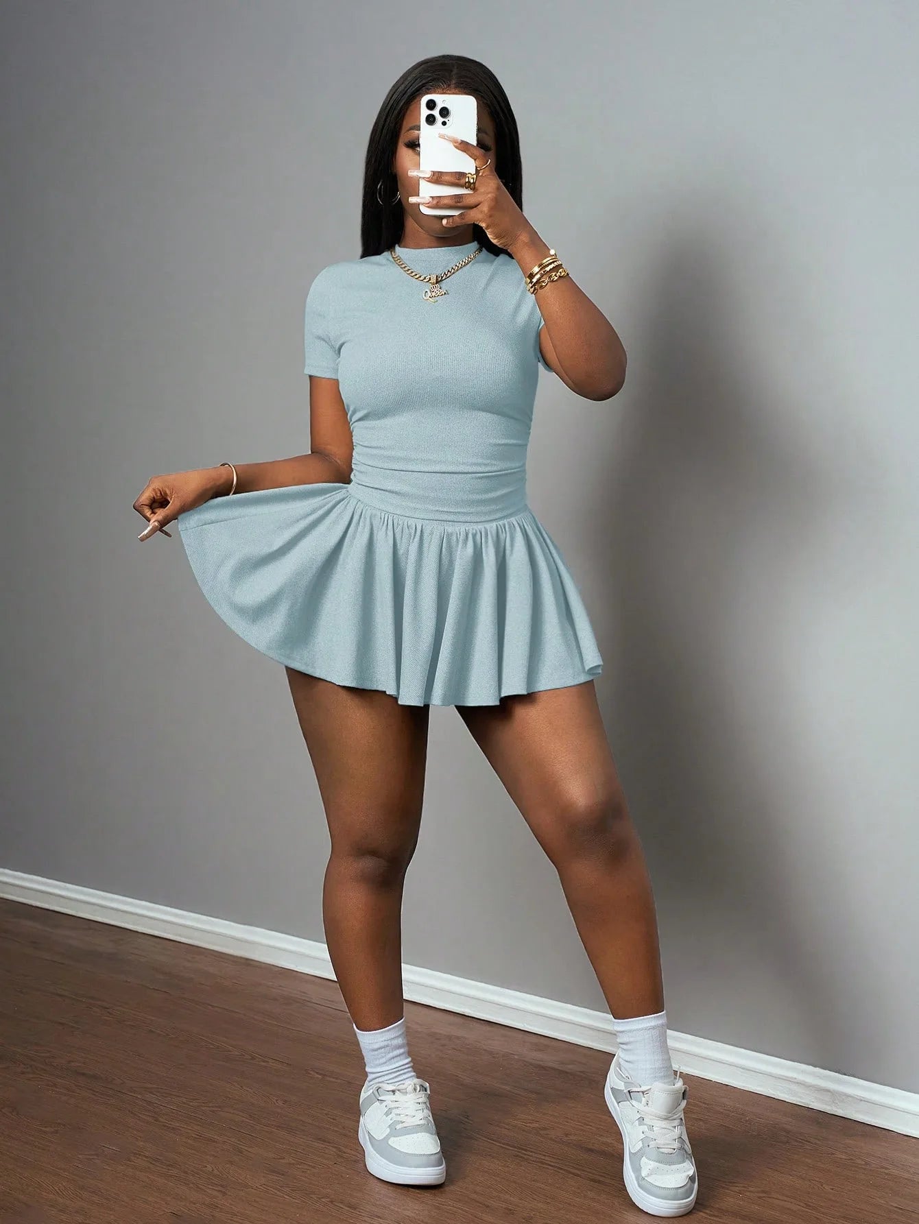 Ribbing Pleated Skirt Set