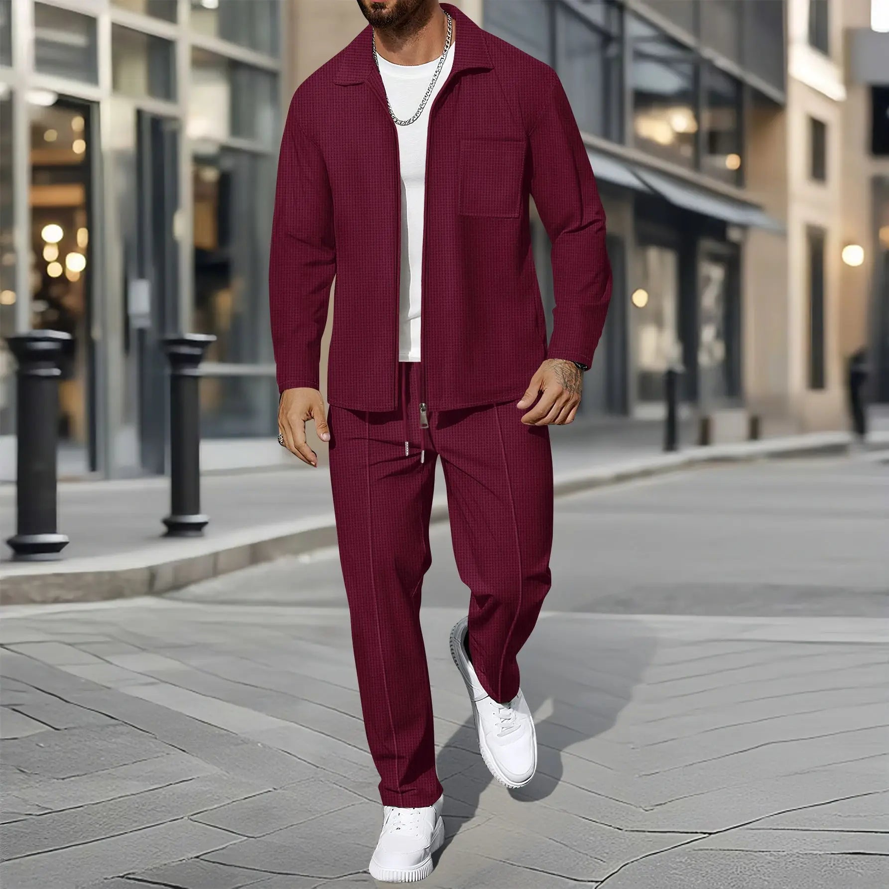 Zippered Shirt Coat And Trousers Outfit