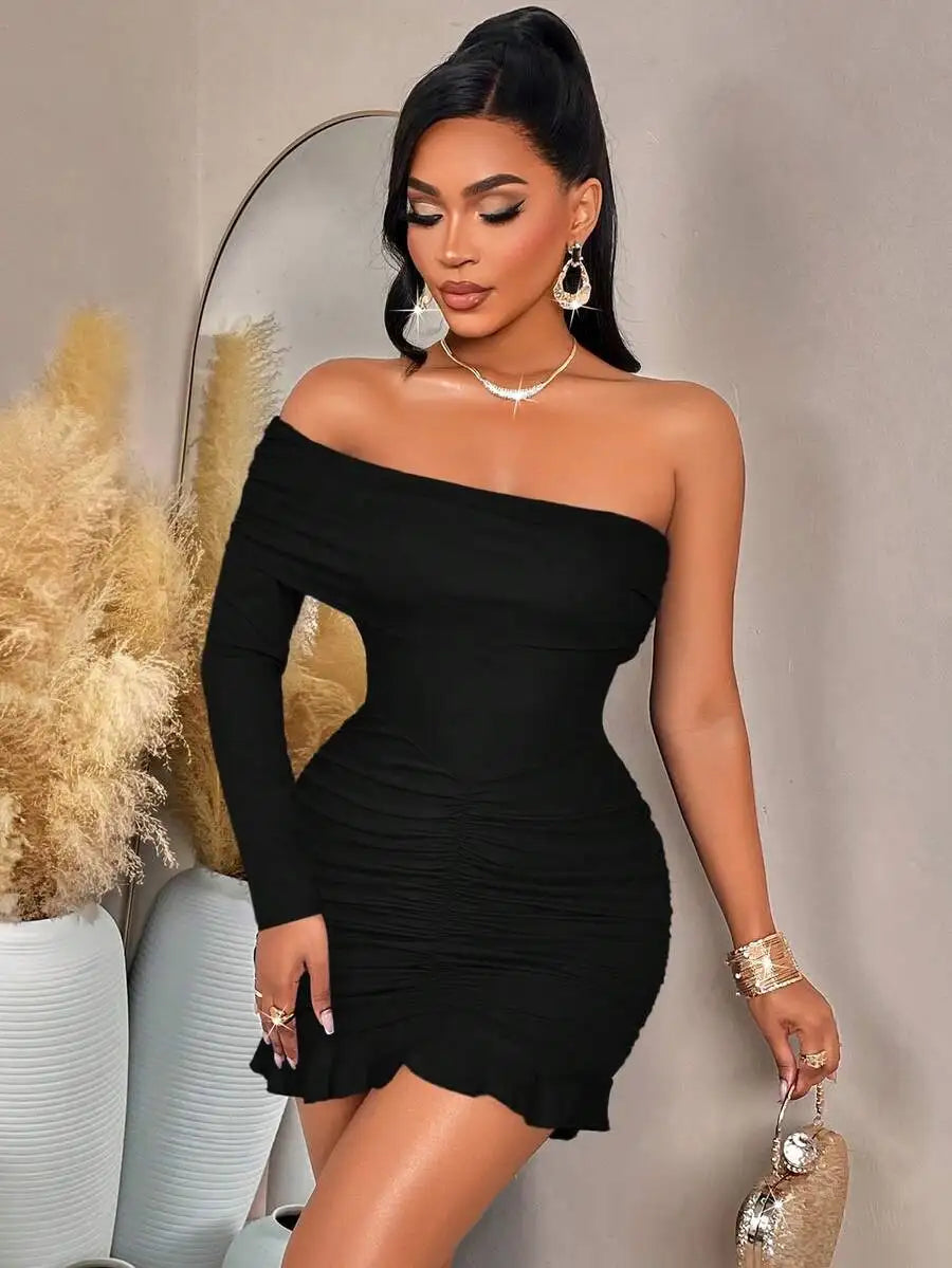 Off-Shoulder Long Sleeve Ruched Mini Dress with Ruffle Hem