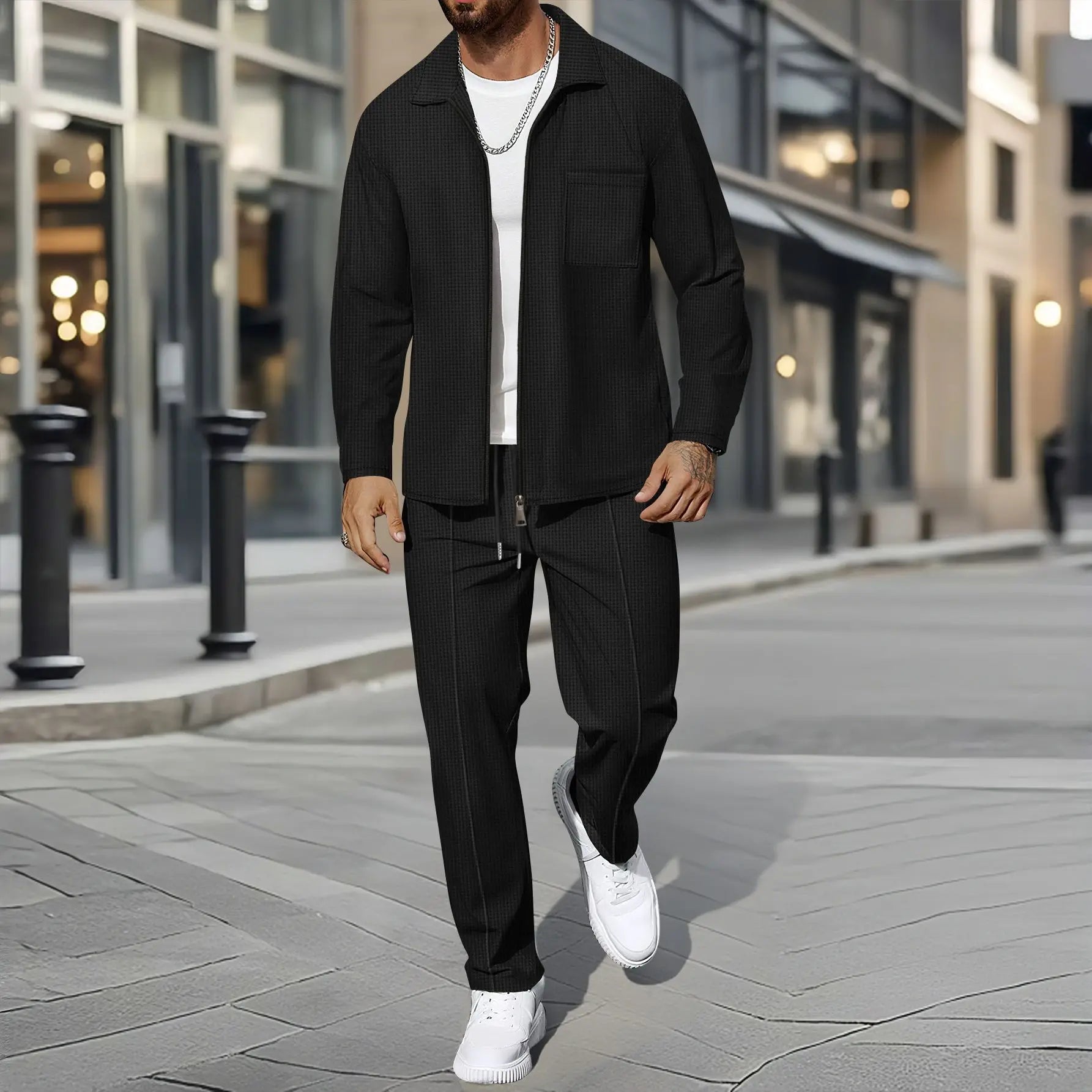 Zippered Shirt Coat And Trousers Outfit