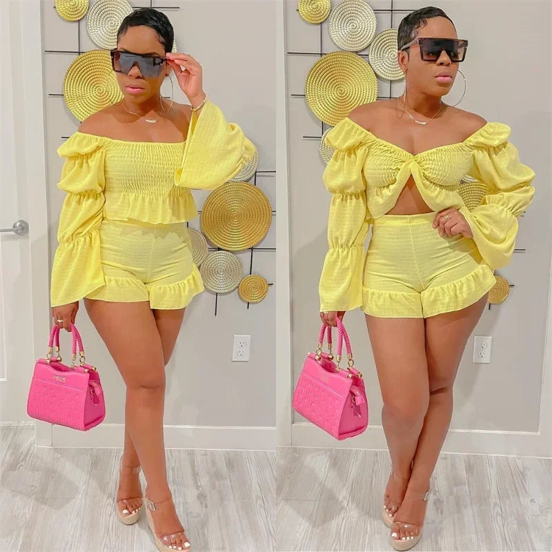 Puff Sleeve Crop Top and Shorts Set