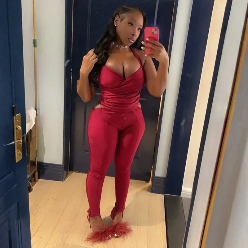 Sleeveless Backless Crop Top and Pants Set
