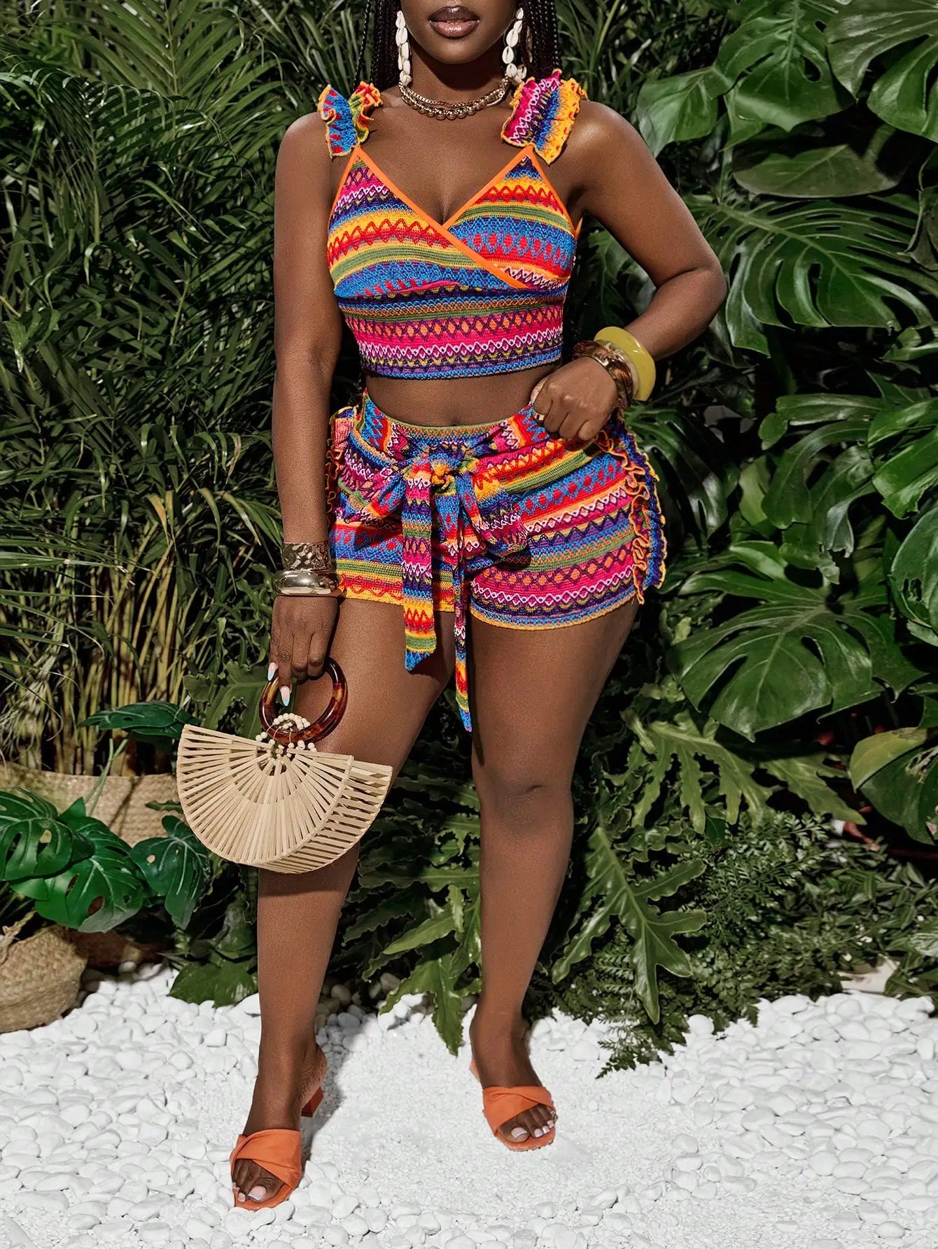Colorful Tank Top and Belted Shorts Set