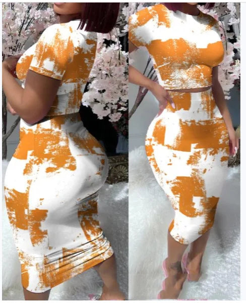 Color Print Slim Skirt 2 Piece Sets