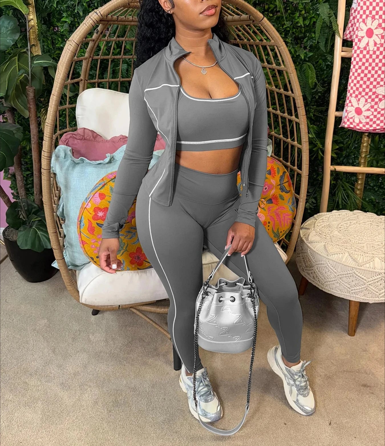 3 Piece Tracksuit Elastic Vest+Zip Jacket+Leggings