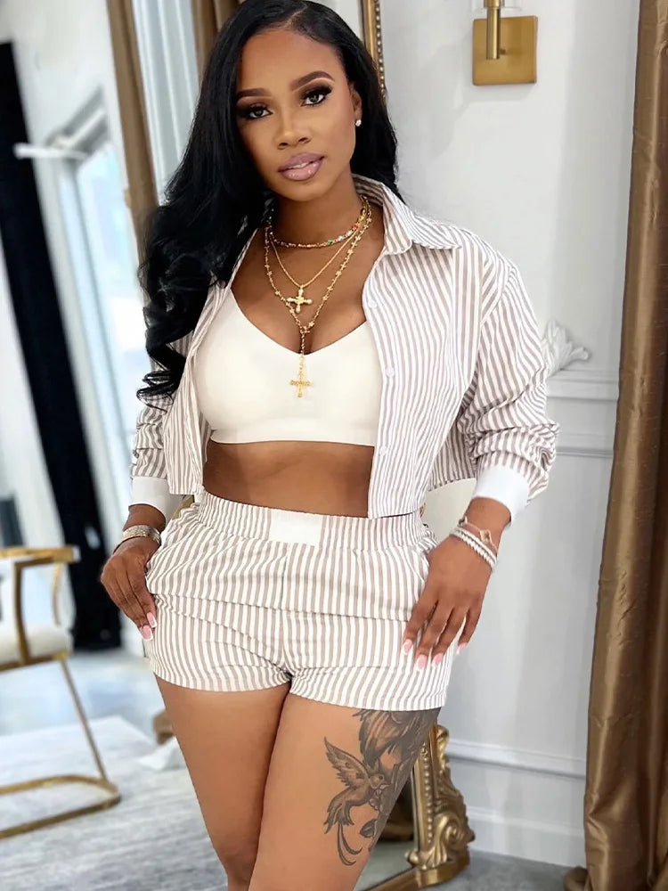 Striped Blouse Shirt And Matching Shorts Set