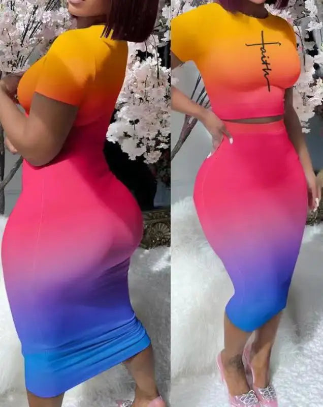 Color Print Slim Skirt 2 Piece Sets