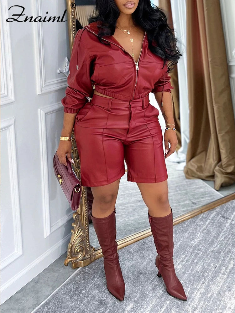 Leather Hooded Jacket and Shorts Set