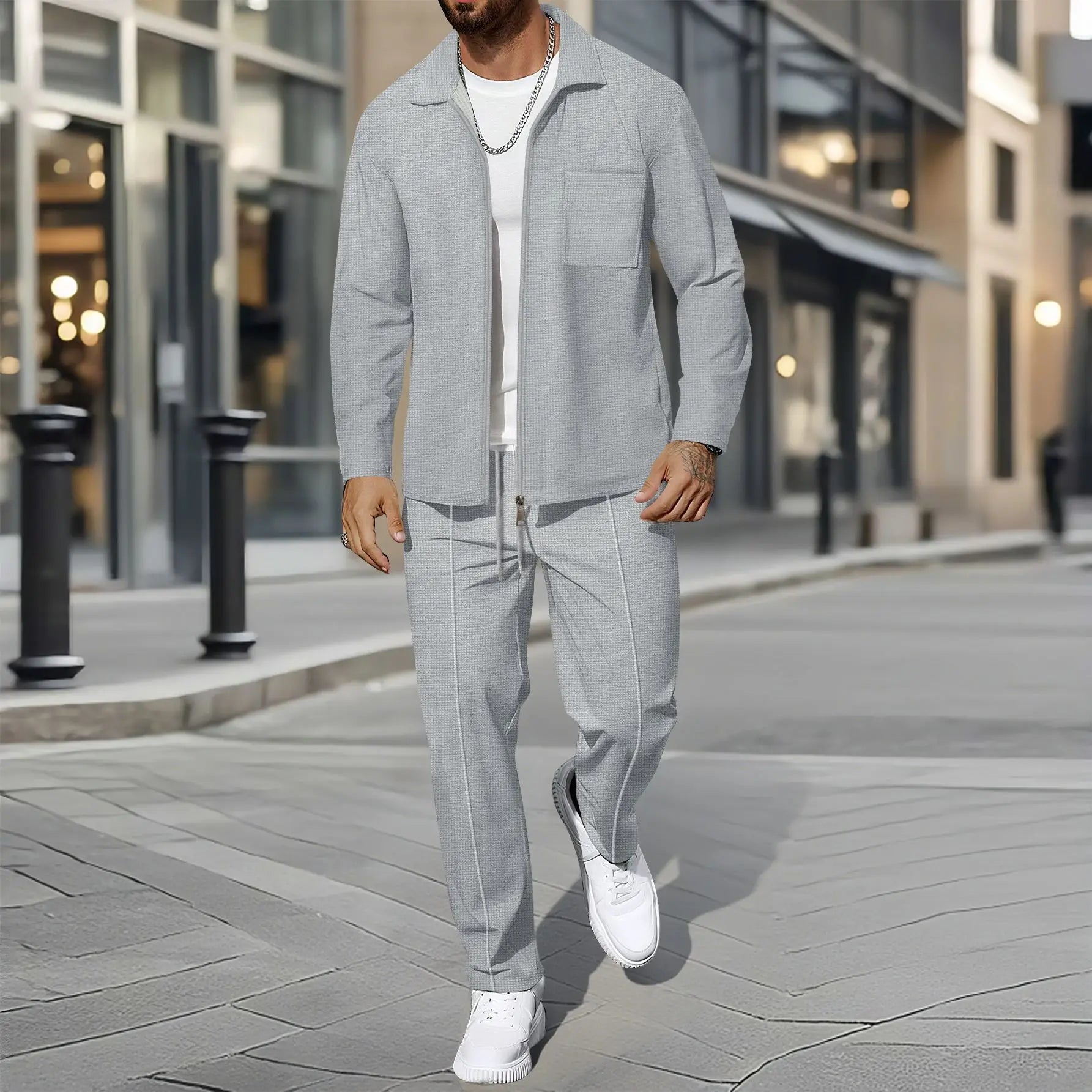 Zippered Shirt Coat And Trousers Outfit