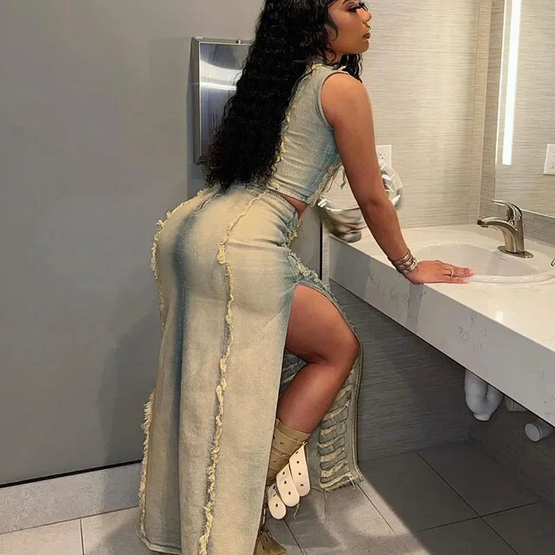Ripped Denim Two Piece Set