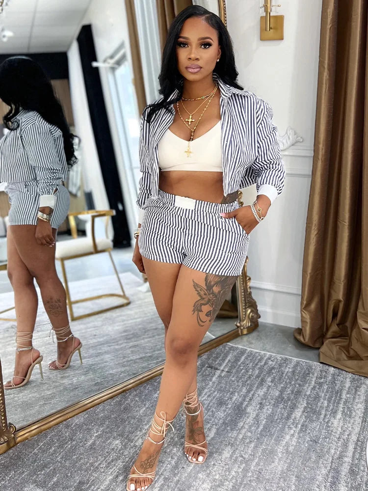 Striped Blouse Shirt And Matching Shorts Set